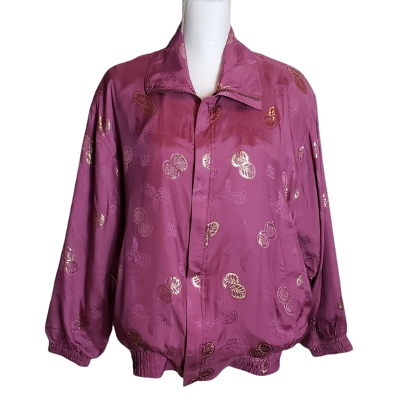 Vintage Fuda Silk Blend Bomber Jacket Sz M Rose Pink Gold Leaf Print  Zip-Up - Picture 1 of 15